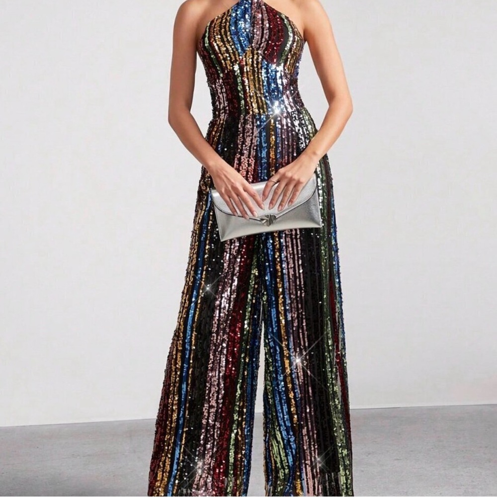 Rainbow Multicolor Sequin Party Halter Neck Women's Jumpsuit